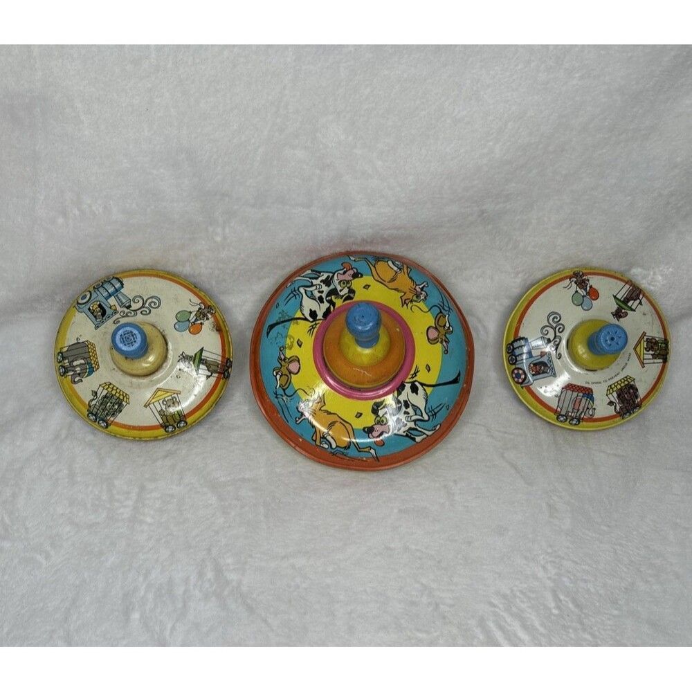 VTG Ohio Art Metal Spinning Top Bundle Set of 3 Tin Toy Classic